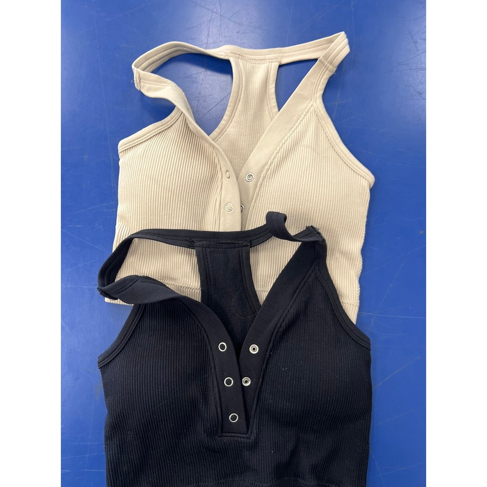 Pro-Fit Seamless Ribbed Crop Top Tank 2 Pack Black Beige Henley Racerback Small